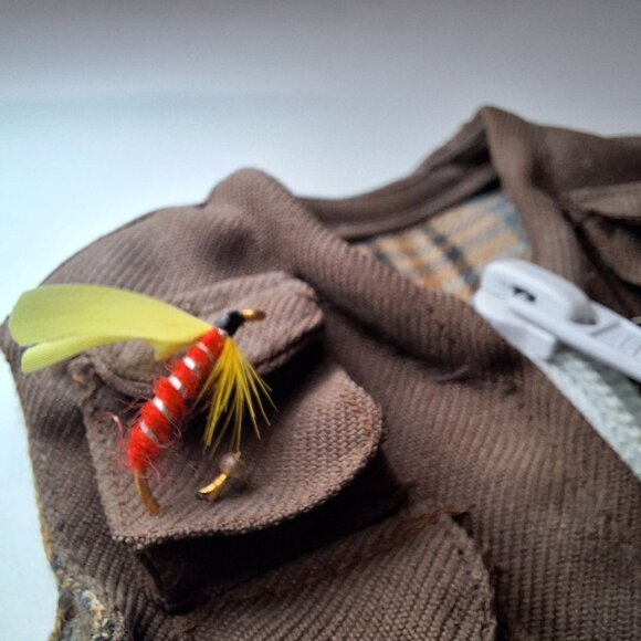 Small Fly Fishing Vest Bear Stuffed Animal Ornament Manly Rugged Zipper Pockets - Picture 3 of 7
